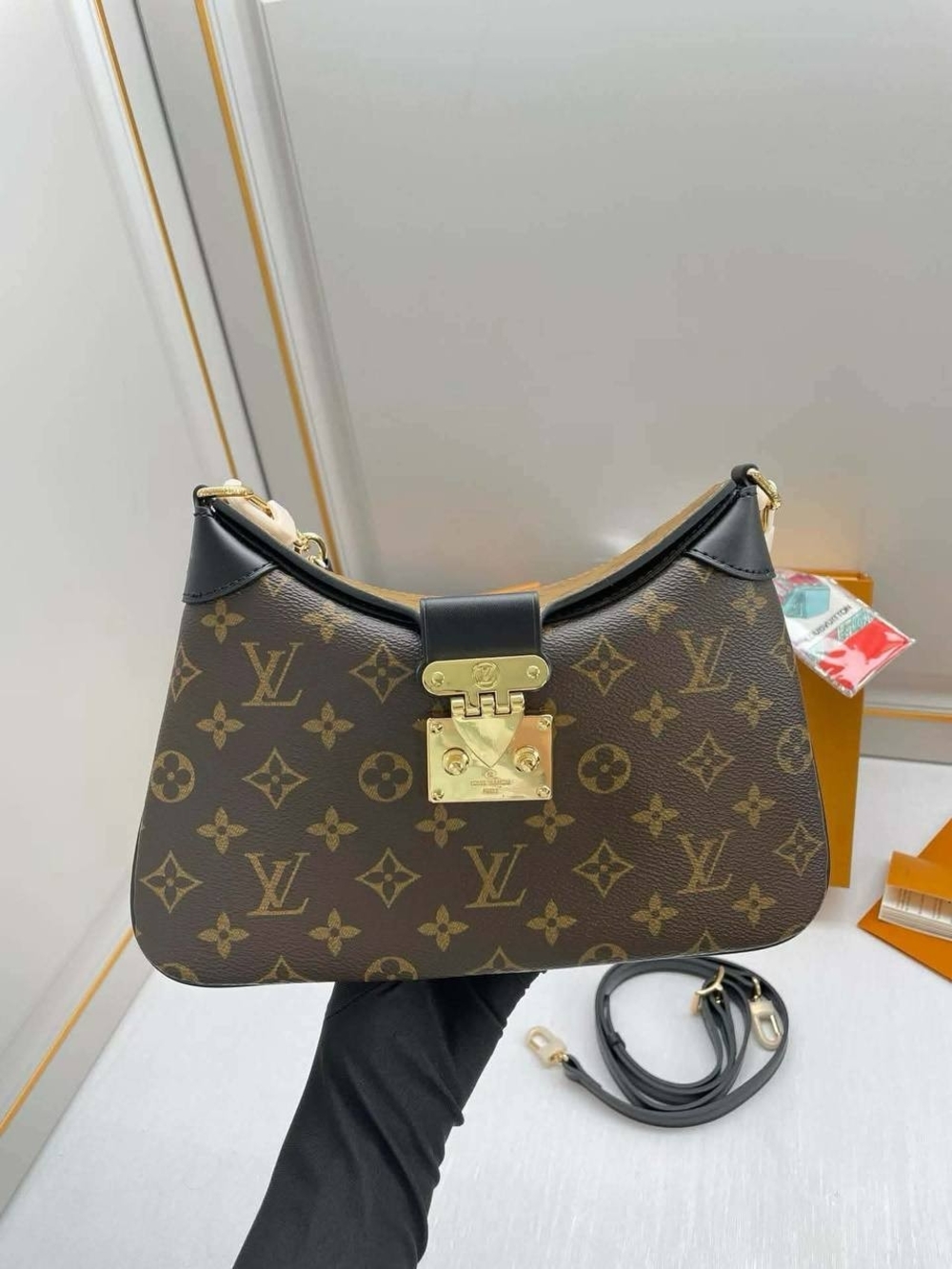 Louis Vuitton Brown Monogram Shoulder Bag with Black Trim and Gold Hardware